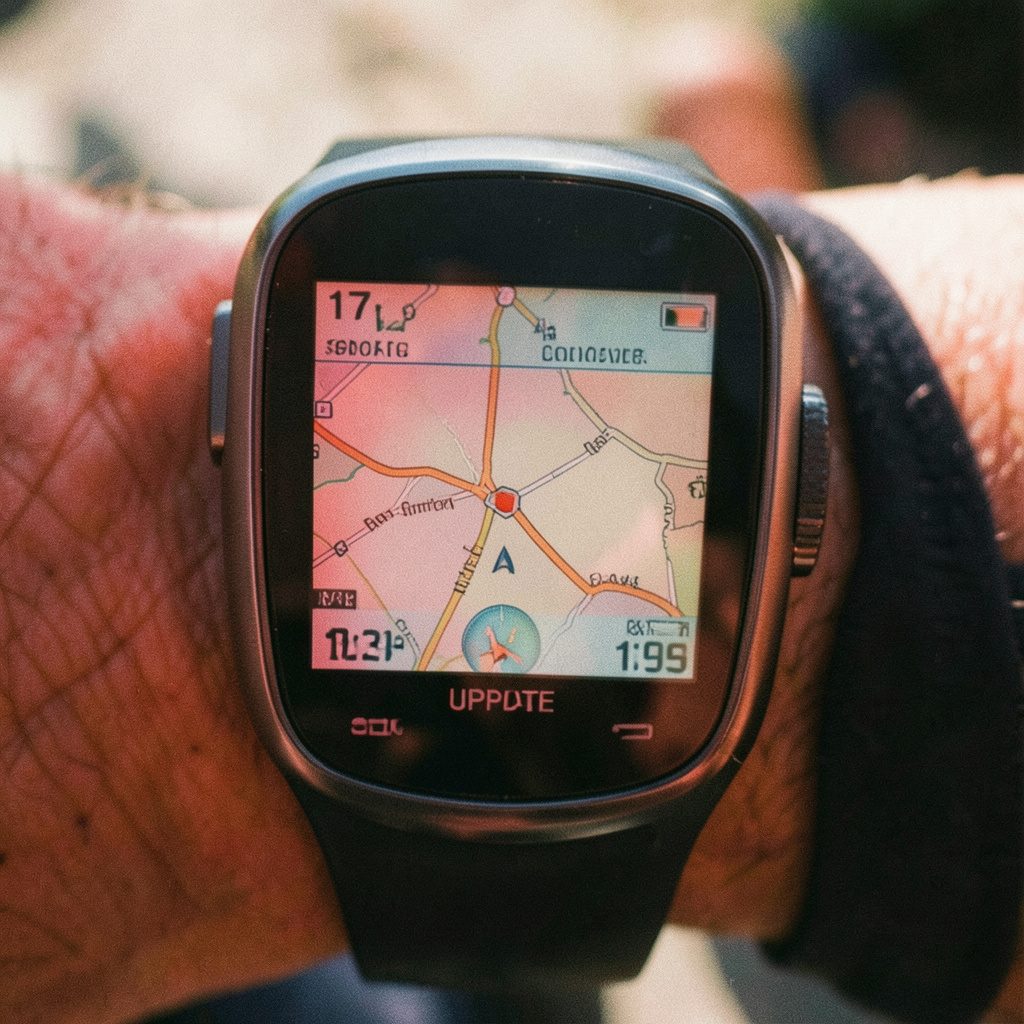 A Garmin handheld GPS unit connected via USB cable to a laptop, with a red-accented update notification on screen.
