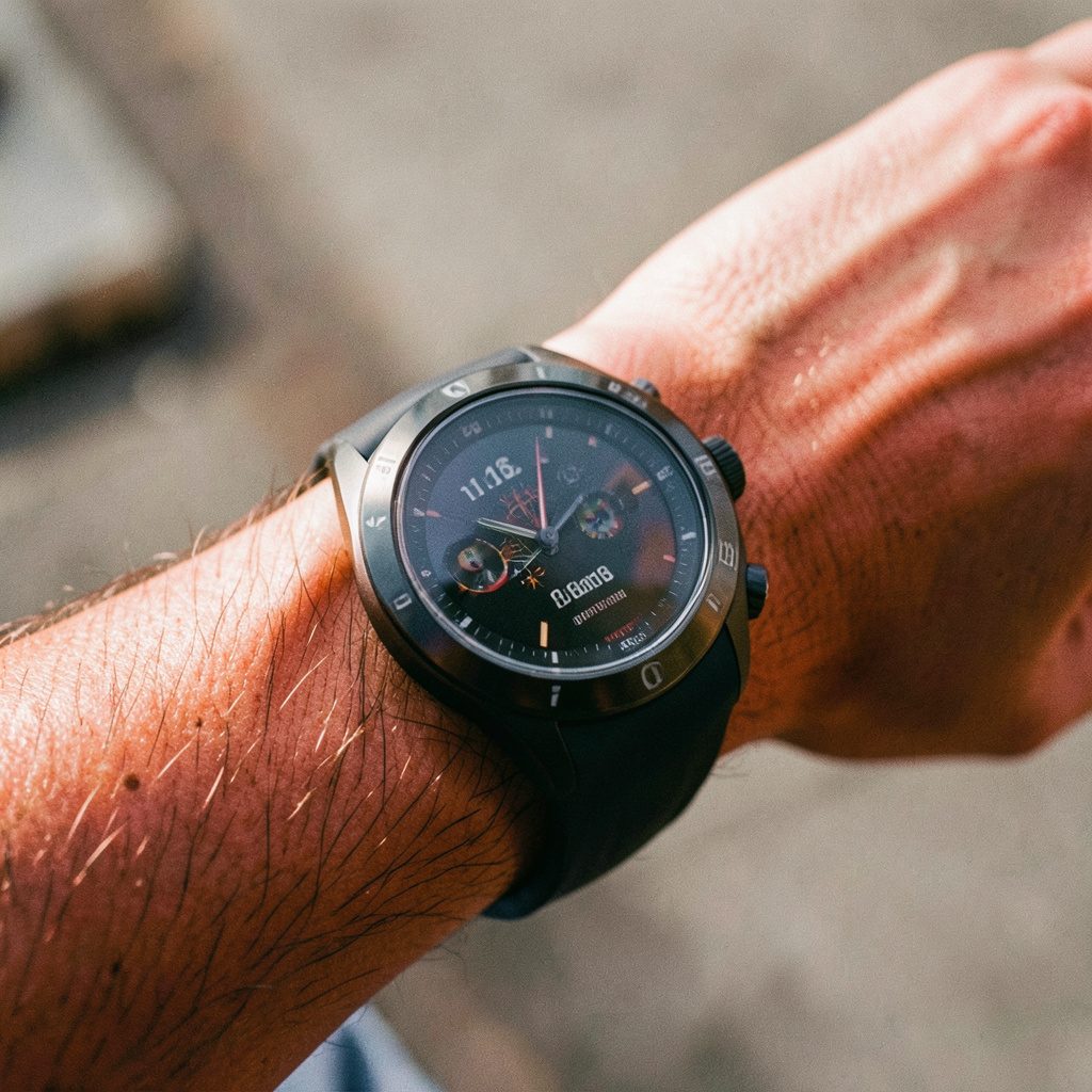 A collection of Garmin fitness watches displayed on a dark surface, showing heart rate and activity tracking screens.