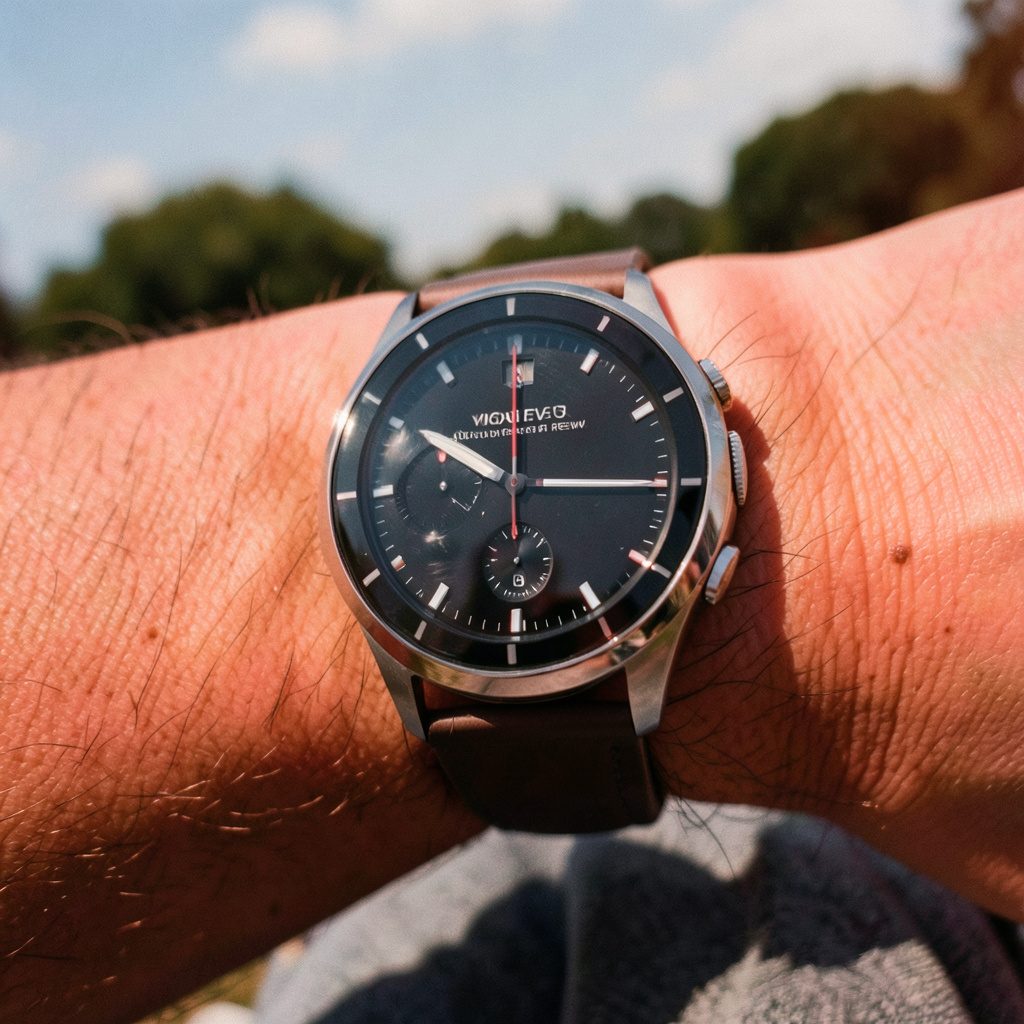 A Garmin Vivoactive 3 smartwatch on a wrist, its round face glowing with fitness stats against an outdoor backdrop.